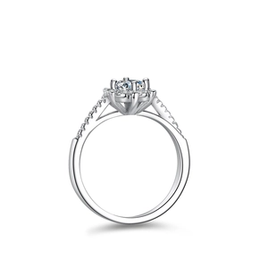 Classic six-prong S925 sterling silver moissanite ring with side stones on white background