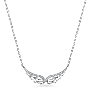 S925 sterling silver angel wing pendant necklace with sparkling moissanite on white background
