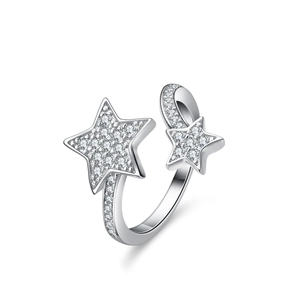 Adjustable S925 silver moissanite star ring with pavé stones shown in 45-degree view