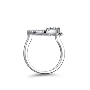 Moissanite princess crown ring in silver finish with sparkling zircons on white background