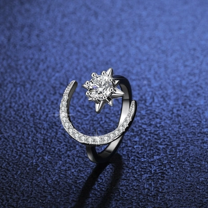 Celestial open ring with sparkling moissanite star and crescent moon in silver finish