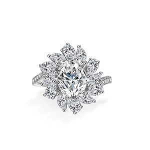 Oval-cut 2-carat Moissanite ring in S925 silver with a blooming sun-flower cluster design