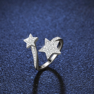 S925 sterling silver moissanite double star open ring with sparkling pavé stones