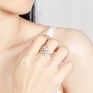 Elegant S925 silver open ring featuring double stars set with sparkling moissanite stones