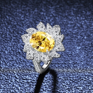 2ct oval yellow moissanite flower ring in S925 sterling silver with halo petals