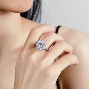 Luxurious S925 silver ring with 2 carat oval moissanite and double halo petal design