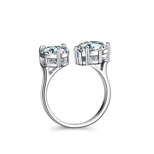 S925 sterling silver open ring featuring two large brilliant round cut moissanite stones