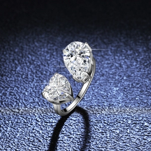 Elegant 925 sterling silver bypass ring featuring 6ct pear and heart-shaped moissanite stones