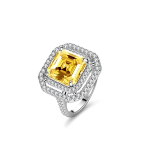 Elegant S925 silver ring with 5ct square yellow moissanite and pave-set halo