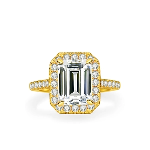 Luxury 3 carat emerald cut green moissanite halo ring in 14k gold plated sterling silver