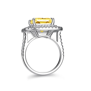 5ct emerald cut yellow moissanite S925 silver ring with halo stones on white background