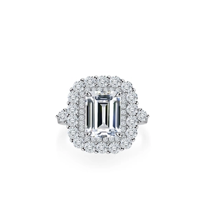 S925 silver ring featuring a 3-carat emerald-cut moissanite with a double halo setting