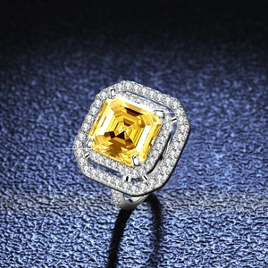 5 carat radiant cut yellow moissanite ring in S925 silver with double halo pave setting