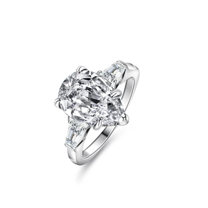 Elegant 4 carat pear cut moissanite ring with tapered baguette side stones in S925 silver