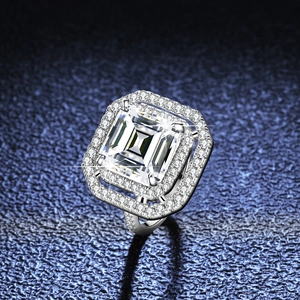 Luxury 5ct emerald cut moissanite silver ring with double halo diamond setting
