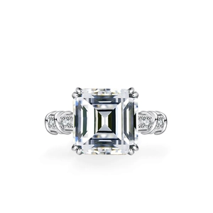 Princess cut moissanite ring in sterling silver with twisted pavé band and square stone