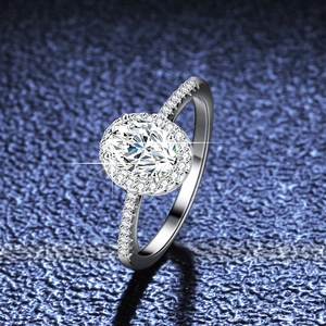Oval cut moissanite halo ring in S925 sterling silver with sparkling side stones