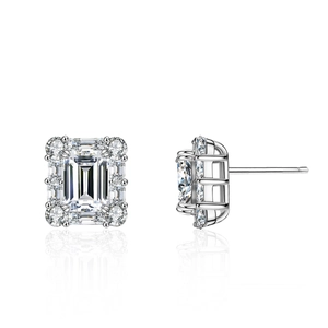 Boucles d'Oreilles Clous en Argent Sterling 925 Moissanite Taille Émeraude pour Femmes Rectangulaire Halo Bijoux de Mariage