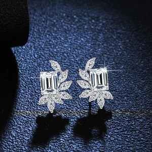 S925 sterling silver stud earrings with emerald-cut main stone and marquise leaf accents
