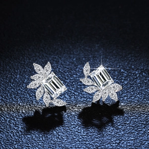 Sparkling S925 silver emerald cut stud earrings with marquise petal accents