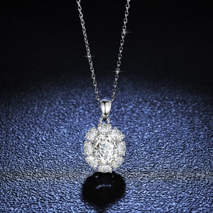 Elegant S925 silver necklace with oval emerald cut stone in a floral halo setting