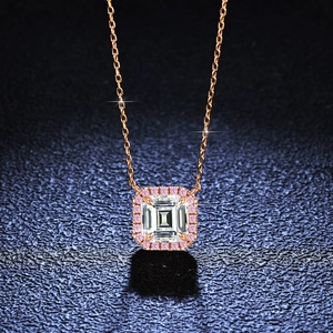 Elegant rose gold S925 silver necklace with emerald cut clear stone and pink diamond halo