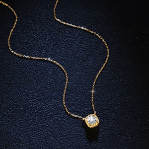 Sparkling S925 silver necklace with emerald cut moissanite pendant on black leather