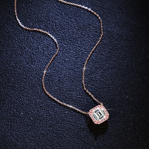S925 sterling silver necklace with square emerald cut moissanite and pink diamond halo