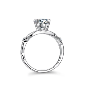 Moissanite ring in 925 sterling silver with vine branch band and classic four-prong setting