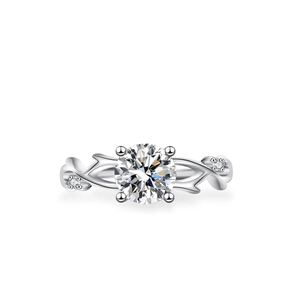 Moissanite ring in 925 silver with vine branch cross design and four-prong setting