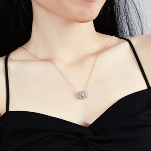 S925 silver necklace with emerald cut square pendant on model for an elegant view