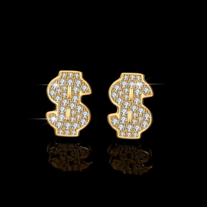 Golden S925 silver dollar sign stud earrings with sparkling cubic zirconia on black mirror