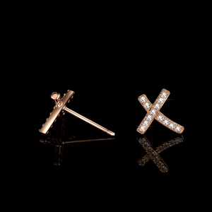 Crossed X design S925 silver earrings with sparkling moissanite in rose gold finish