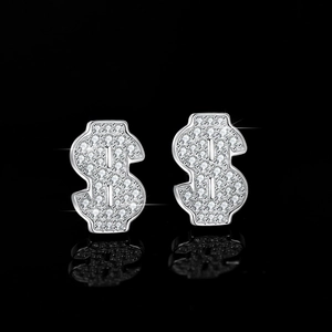 Sparkling S925 sterling silver stud earrings featuring iced out dollar sign motifs