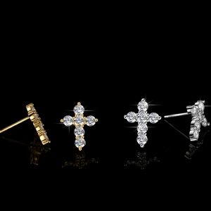 Cross-shaped s925 silver stud earrings with moissanite stones in gold and silver finish