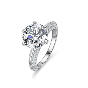 Sparkling S925 sterling silver moissanite ring with six-prong setting and side accents