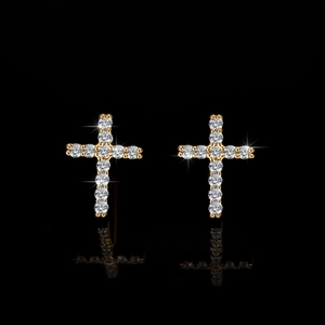 Exquisite gold cross stud earrings in S925 silver with sparkling moissanite pavé crystals