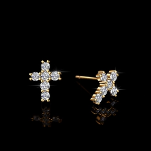 Elegant S925 silver gold-plated cross stud earrings with sparkling moissanite stones