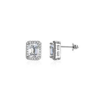 S925 silver halo earrings with emerald-cut moissanite stone in front and side view
