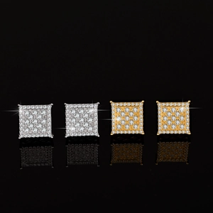 S925 sterling silver square moissanite stud earrings in gold and silver hip hop style