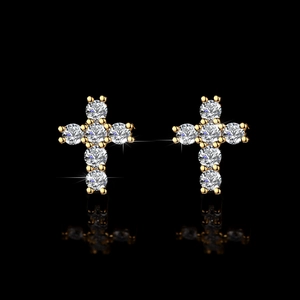 Elegant gold cross stud earrings with sparkling round moissanite stones on black background