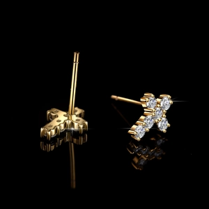 Elegant gold plated s925 silver cross stud earrings with moissanite stones on black background