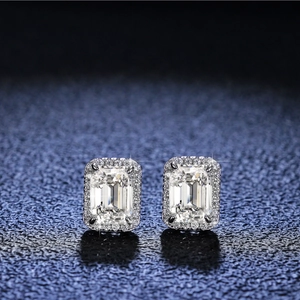 Elegant 925 Sterling Silver Emerald Cut Moissanite Halo Stud Earrings Luxury Geometric Rectangular Sparkly Earring Jewelry Gift For Women