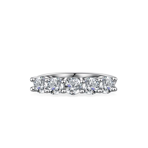Classic S925 sterling silver ring with five sparkling round moissanite stones in shared prong setting