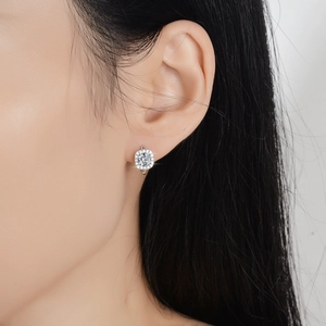 Elegant s925 silver square halo earrings with moissanite and round brilliant center stone