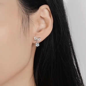 Exquisite S925 silver bow earrings with round moissanite tassels and micro-inlaid stones