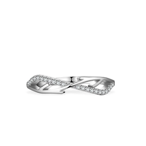 S925 sterling silver moissanite ring with asymmetric twisted band and pave set stones