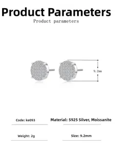 Detailed view of S925 sterling silver moissanite stud earrings with 9.2mm size specs