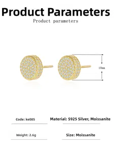 Detail view of gold S925 silver stud earrings featuring 10mm moissanite paved discs