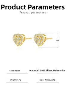 Detailed specs of S925 silver heart moissanite studs showing 8mm size and 1.7g weight